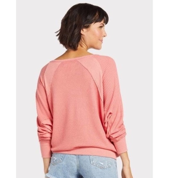 Free People Long Sleeve Waffle Boho V Neck Slouchy Top - Picture 3 of 10